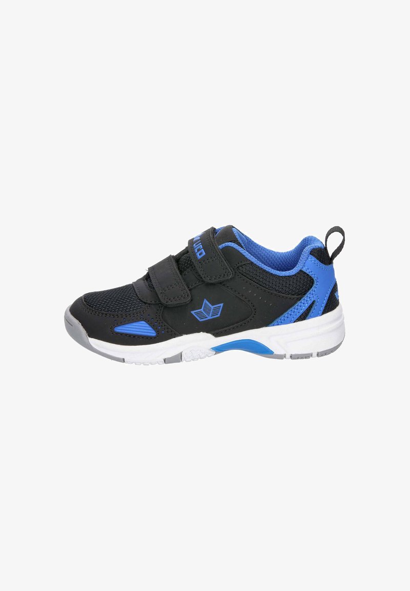Black and blue athletic shoe with mesh and synthetic upper, dual Velcro straps, padded collar, and white outsole with gray accents.