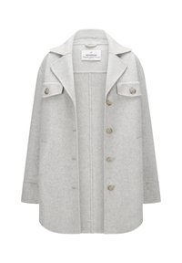 Helle graue Wollmischungjacke mit großen Vordertaschen, einem Kragen und sechs runden Knöpfen auf der Vorderseite. Glatte Textur, leicht oversized Schnitt.