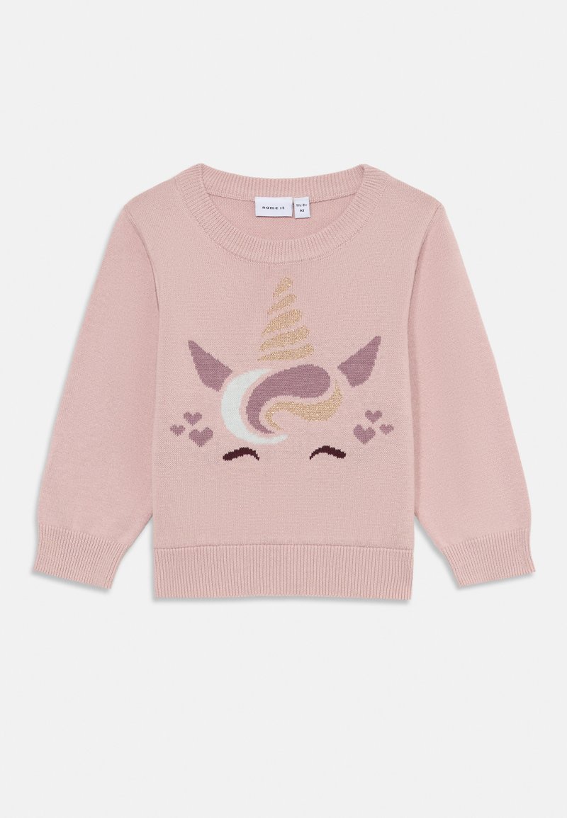 Pink knitted sweater featuring a unicorn face with a gold horn, pastel mane, and heart details, finished with ribbed cuffs and hem.