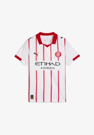 Maillot de football blanc à manches courtes avec fines rayures verticales rouges, col et poignets rouges, logos Puma, écusson du Girona FC et sponsor Etihad Airways.