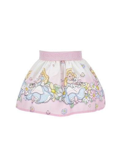 Rosa- und weiße Rock mit einem elastischen Bund, der mit Cartoonfiguren, Blumen und Schmetterlingen in einem verspielten Design bedruckt ist.