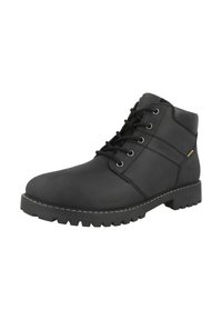Schwarze Leder-Stiefelette mit runder Zehenpartie, sechs Metallösen und einer robusten Gummisohle. Verfügt über genähte Details und einen kleinen Logo-Akzent.