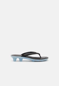 Black thong sandal with light blue sole and unique four-pronged heel on a white background.