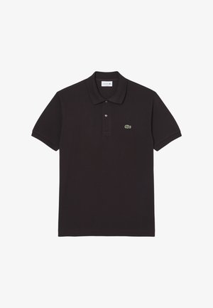 Schwarzes Polohemd aus Baumwollstoff, kurzärmlig, mit Drei-Knopf-Leiste, klassischem Kragen und kleinem grünem Krokodil-Logo auf der Brust.