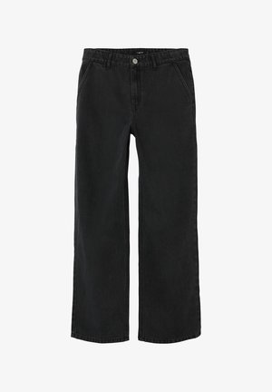 Pantalon en denim noir à jambes larges avec une taille haute, poches avant et fermeture par bouton. La texture semble légèrement usée.
