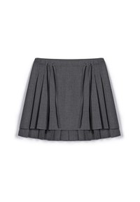Gray pleated skirt featuring a textured fabric, adjustable ties on the waistband, and layers of soft pleats at the hem.