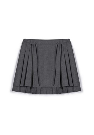 Gray pleated skirt featuring a textured fabric, adjustable ties on the waistband, and layers of soft pleats at the hem.