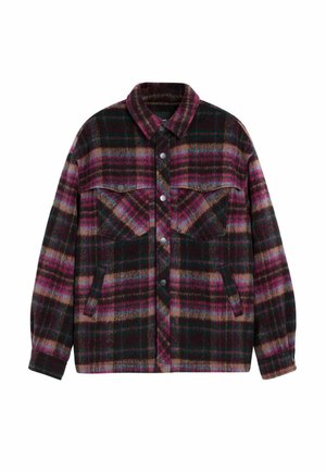 Rutet flanelljakke i mørkebrun, pink og grønne nuancer; har knaplukning foran, to brystlommer og krave. Tekstureret stof.