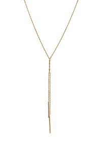 Gouden halsketting met een gedraaid kettingsdesign, voorzien van een Y-vormige hangende accent van twee verlengde staven voor extra detail.