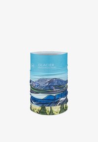 Braga de cuello multifuncional azul con ilustraciones de montañas y árboles, etiquetada "Glacier National Park" sobre fondo azul claro.