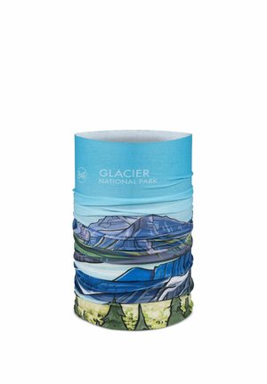 Braga de cuello multifuncional azul con ilustraciones de montañas y árboles, etiquetada "Glacier National Park" sobre fondo azul claro.