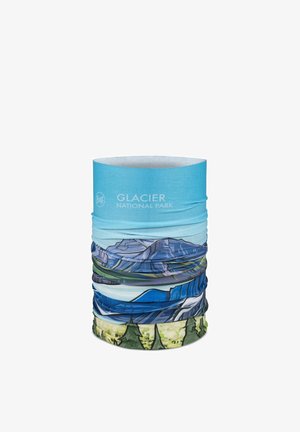 Braga de cuello multifuncional azul con ilustraciones de montañas y árboles, etiquetada "Glacier National Park" sobre fondo azul claro.