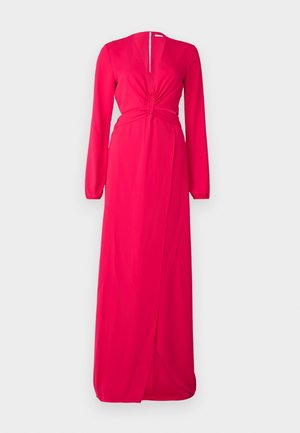 Abito lungo rosa con maniche lunghe, dettaglio in vita annodato, scollatura a V profonda e spacco frontale. Realizzato in tessuto morbido e fluente.