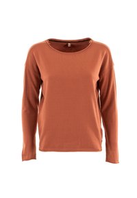 Maglione a maniche lunghe color ruggine in maglia con scollatura rotonda e vestibilità rilassata, esposto su uno sfondo bianco.
