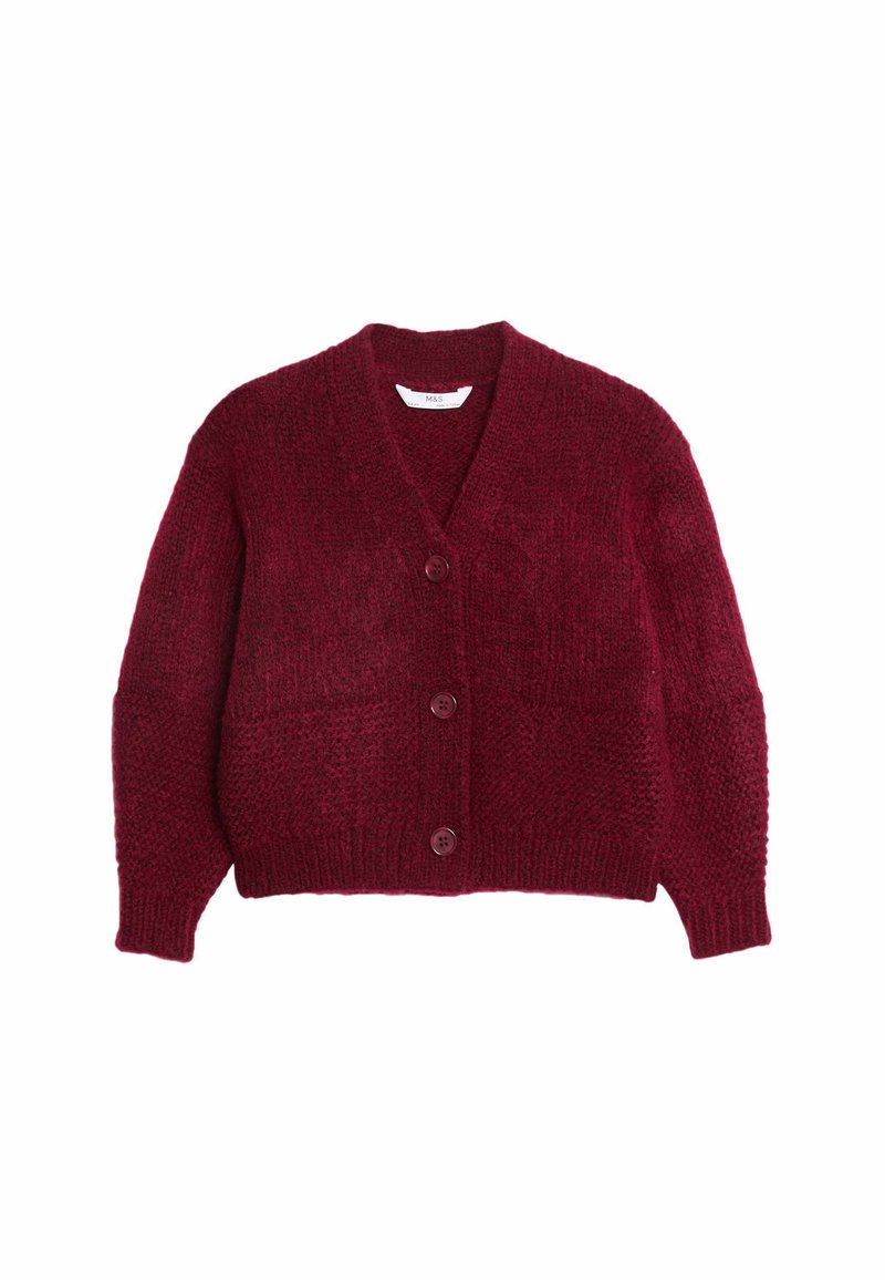 Bordo pletený kardigan s výstřihem do V a dlouhými rukávy. Obsahuje čtyři velké knoflíky a texturovaný vzor. Měkký a silný materiál.