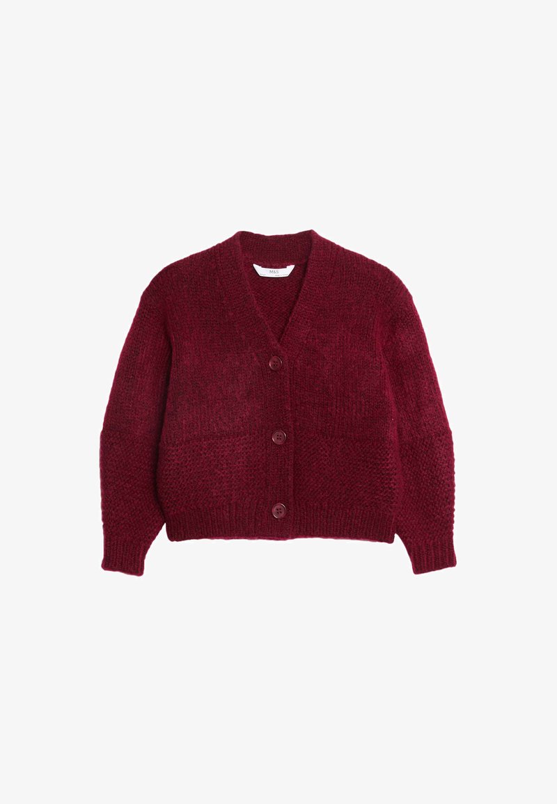 Bordo pletený kardigan s výstřihem do V a dlouhými rukávy. Obsahuje čtyři velké knoflíky a texturovaný vzor. Měkký a silný materiál.