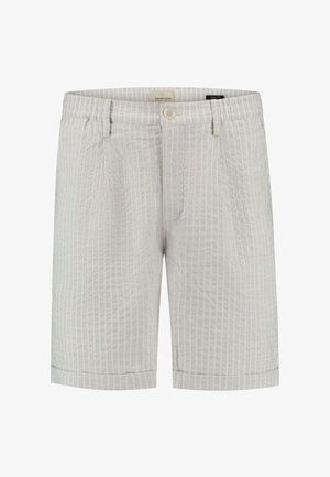 Heled hallid lühikesed püksid, millel on tekstuuriga ruuduline muster, pööratud ääred, nupuvärgiga kinnitevus ja küljetaskud. Valmistatud hingavast kangast.