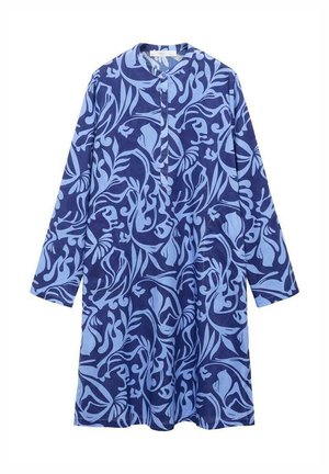 Pitkähihainen mekko tummansinisestä kankaasta, jossa on vaaleansiniset kukkakuviot. Nappikiinnitys edessä ja kaulus, A-linjainen siluetti.