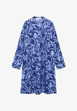 Haljina dugih rukava od tamnoplave tkanine s cvjetnim uzorkom u svijetloplavoj boji. Prednje zatvaranje na dugmiće s kragnom i A-linijskim krojem.