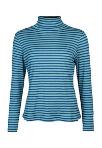 Langärmliges Rollkragenoberteil mit geripptem Stoff und abwechselnd grünen und blauen horizontalen Streifen. Taillierte Passform mit geradem Saum.