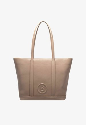 Borsa tote in pelle beige con due manici lunghi, caratterizzata da un logo impresso sulla parte anteriore e dettagli di cuciture verticali. Texture liscia.