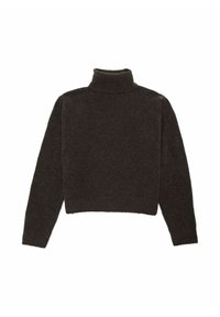 Dunkelbrauner Rollkragenpullover aus weichem Material; verfügt über lange Ärmel, einen figurbetonten Kragen und einen gerippten Saum für zusätzliche Textur.