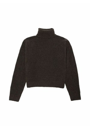 Dunkelbrauner Rollkragenpullover aus weichem Material; verfügt über lange Ärmel, einen figurbetonten Kragen und einen gerippten Saum für zusätzliche Textur.