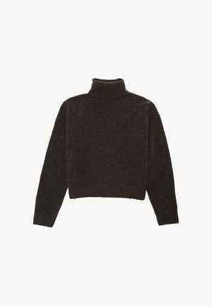 Maglione a collo alto di colore marrone scuro, realizzato in tessuto morbido; presenta maniche lunghe, un colletto aderente e un orlo a coste per un tocco di texture.