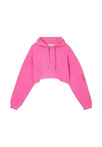 Kort hoodie i klarrosa bomull, med en pullover-design, dragsko-luva och präglad logotypaccent på vänster ärm.