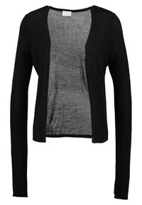 Černý dlouhý cardigan s dlouhým rukávem vyrobený z lehké pletené látky; otevřený přední střih bez zapínání; hladká textura s měkkým splýváním.