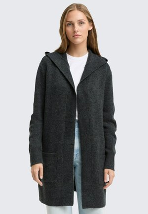 Dunkelgrauer, langer Cardigan mit ribbeliger Textur, großer Kapuze, offenem Vorderteil und seitlichen Taschen. Hergestellt aus einem weichen Wollmix.