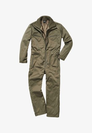 Olajzöld kezeslábas, tartós anyagból készült, elöl cipzárral, bordázott gallérral és több cipzáras zsebbel a mellkason és az oldalakon.