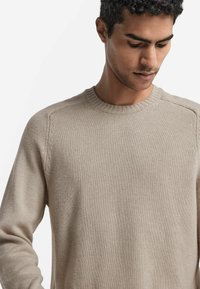 Beige gestrickter Pullover mit Rundhalsausschnitt, geripptem Kragen und detaillierter Naht entlang der Schultern. Weiche Textur, lässige Passform.