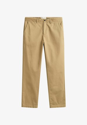 Pantalon beige à jambes droites avec passants pour ceinture, fermeture éclair et bouton, et poches latérales avant, présenté à plat sur un fond blanc.