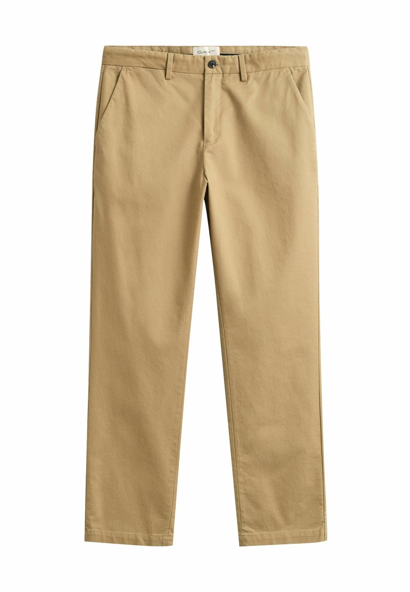 Pantalones beige de pierna recta con presillas para cinturón, cierre de cremallera y botón, y bolsillos laterales frontales, exhibidos extendidos sobre un fondo blanco.