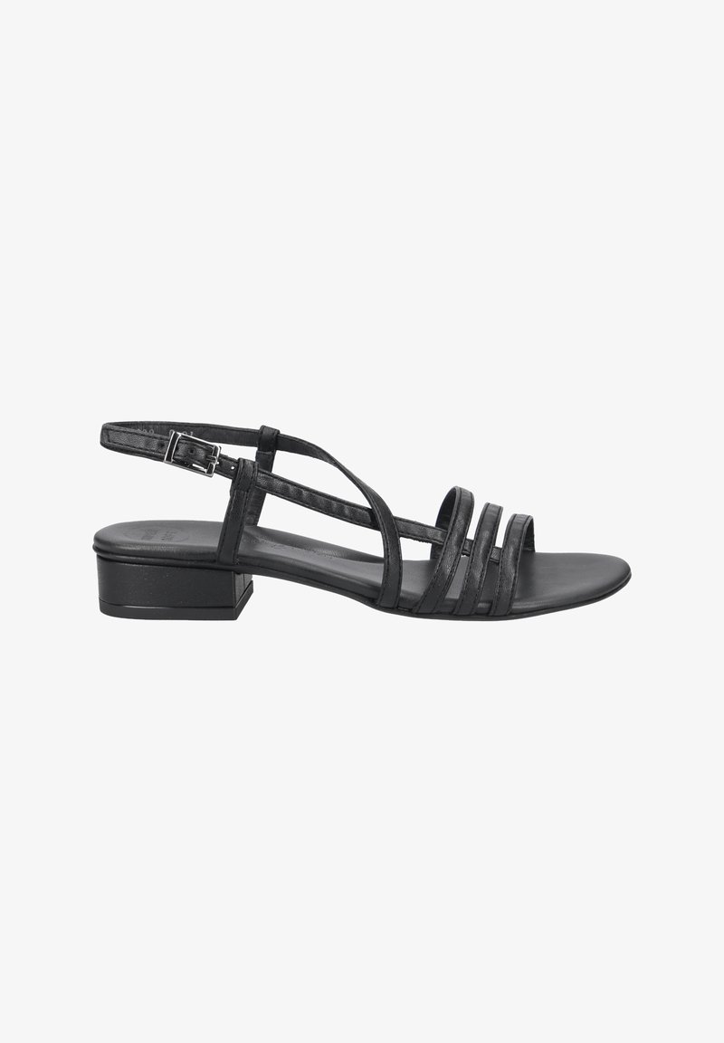 Schwarze Riemchensandalen mit niedrigem Blockabsatz. Hergestellt aus glattem Material, mit mehreren dünnen Riemen und einer verstellbaren Schnalle am Knöchel.