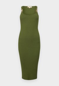 Robe midi côtelée vert olive à silhouette ajustée, ornée de détails décoratifs en métal doré sur les bretelles.