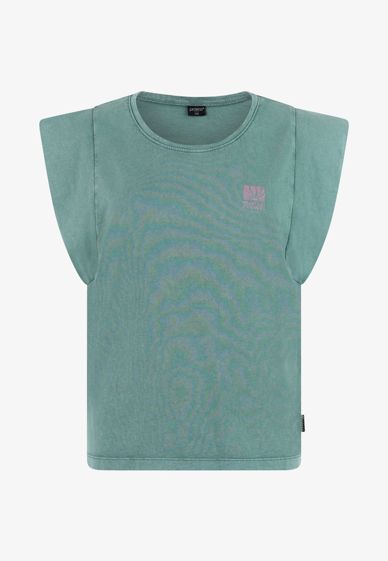 Groen mouwloos topje met breed schouderontwerp en klein roze "Protest" logo op de linkerborst, ronde halslijn.