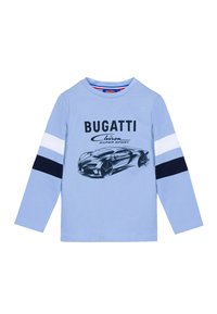 Maglietta a maniche lunghe azzurro chiaro con grafica Bugatti Chiron in nero, con dettagli a righe blu navy e bianche sulle maniche.