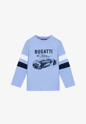 Maglietta a maniche lunghe azzurro chiaro con grafica Bugatti Chiron in nero, con dettagli a righe blu navy e bianche sulle maniche.