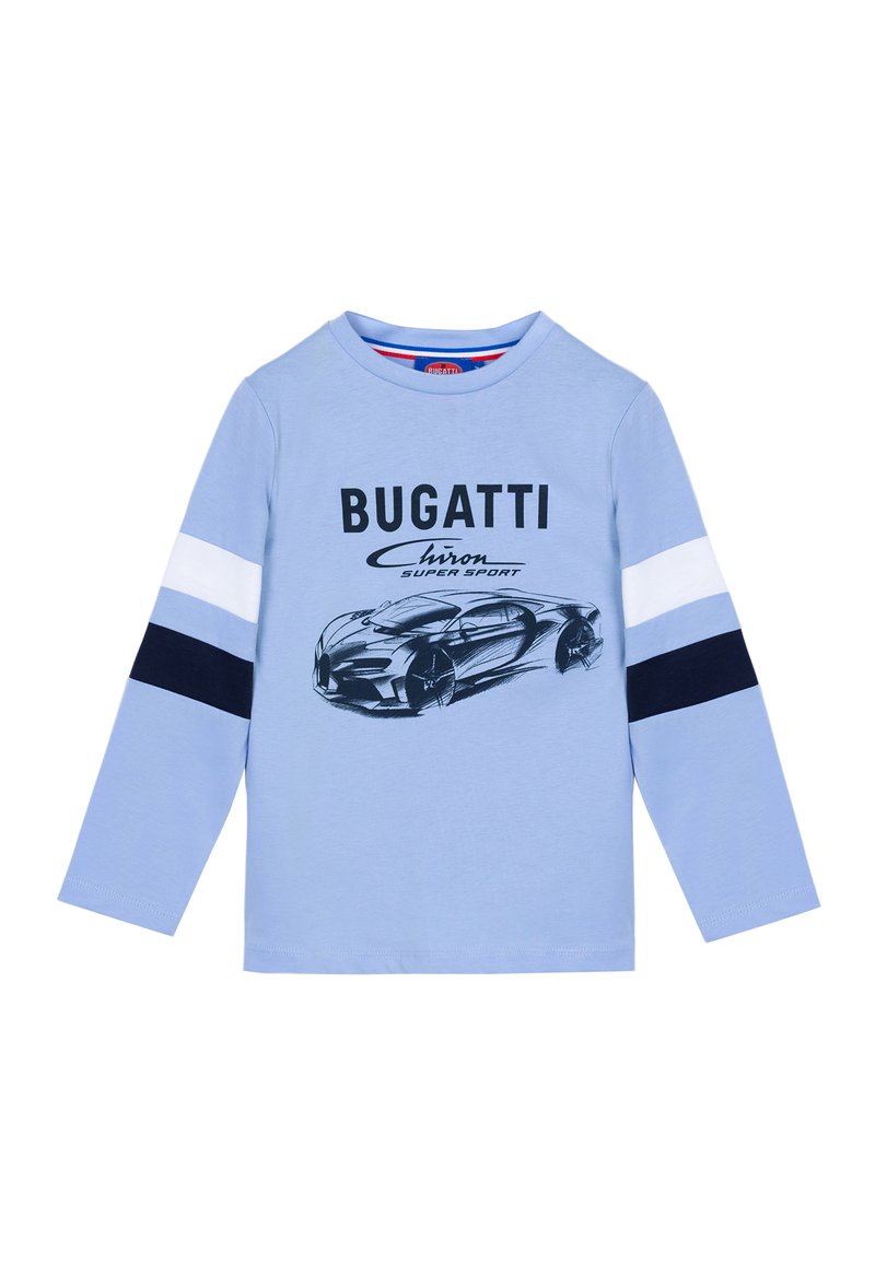 Maglietta a maniche lunghe azzurro chiaro con grafica Bugatti Chiron in nero, con dettagli a righe blu navy e bianche sulle maniche.