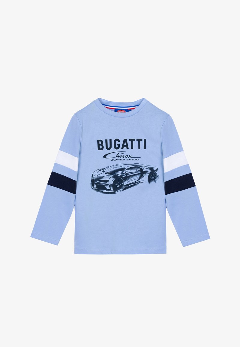 Hellblaues Langarm-T-Shirt mit einem schwarzen Bugatti Chiron-Graphic und navy-weißen gestreiften Akzenten an den Ärmeln.