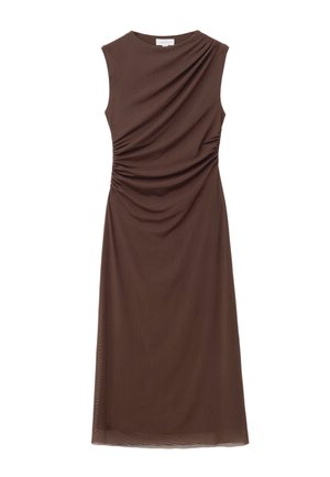 Sleeveless brown dress made of smooth fabric, featuring draped detailing and ruching on the side for a fitted silhouette.