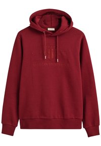 Bordeauxkleurige pullover hoodie met een reliëf logo "GANT 1949 American Sportswear" aan de voorkant en trekkoorden op de capuchon.