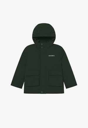 Dark green jacket with a hood, snap buttons, two front pockets, and "LES DEUX" logo on the chest. Smooth, waterproof material.