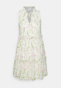 Vestito bianco senza maniche con motivo floreale in rosa e verde. Presenta un collo arricciato e volant nella gonna con un'apertura a oblò.