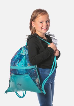 Drawstring backpack with a blue ocean-themed design, made of durable fabric, featuring a large main compartment and a front zip pocket.