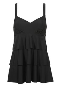 Svart ärmlös kl�änning med v-ringning, lager på lager-design med volanger och slät textur. Justerbara axelband och subtilt varumärkesdetalj.