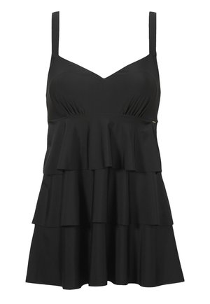 Zwart mouwloos jurkje met een v-halslijn, tiered ruffle ontwerp en een gladde textuur. Verstelbare bandjes en subtiele merkdetails.