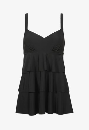 Zwart mouwloos jurkje met een v-halslijn, tiered ruffle ontwerp en een gladde textuur. Verstelbare bandjes en subtiele merkdetails.